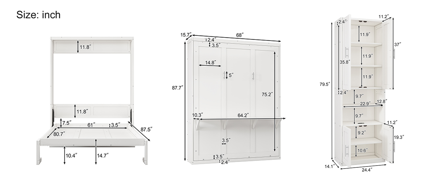 Full/Queen Size Murphy Bed with 2 Side Cabinet Storage Shelves
