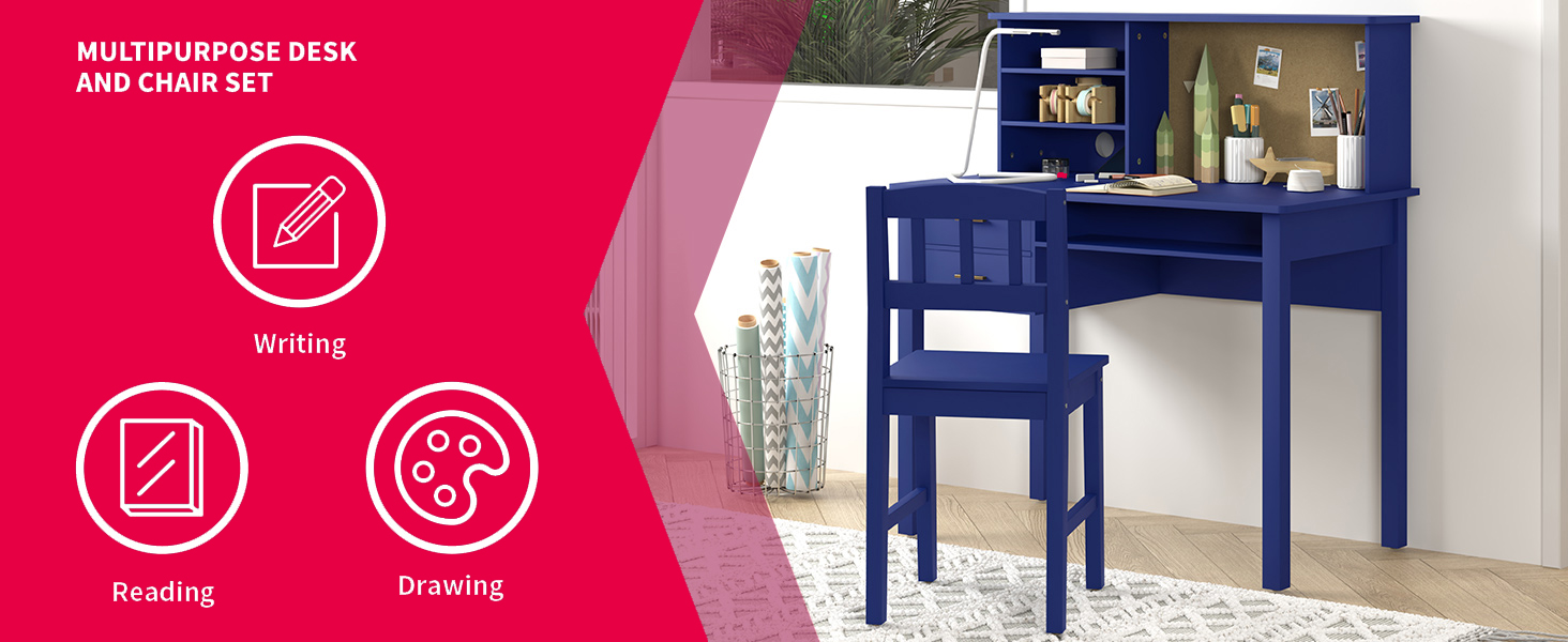 MUZZ Kids Study Desk & Chair Set,Modern Wooden Study Desk w