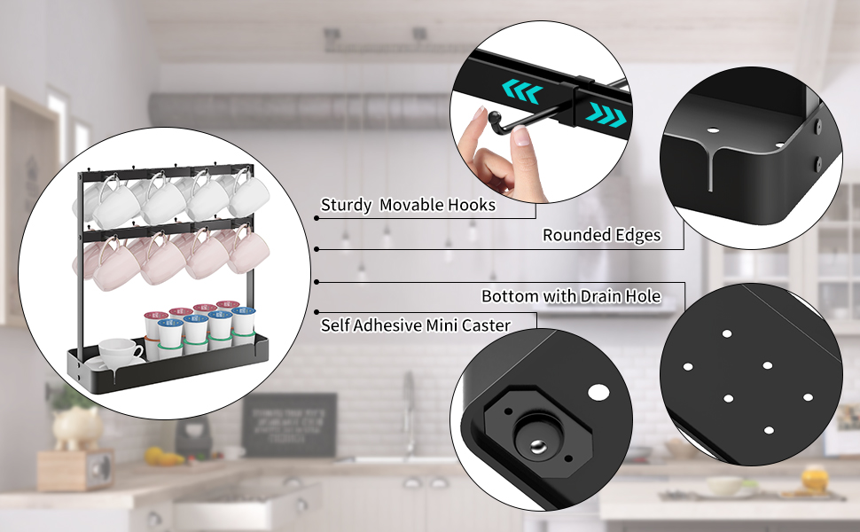 RCHYFEED Coffee Mug Holder with Movable Hooks, 2 Tier Metal