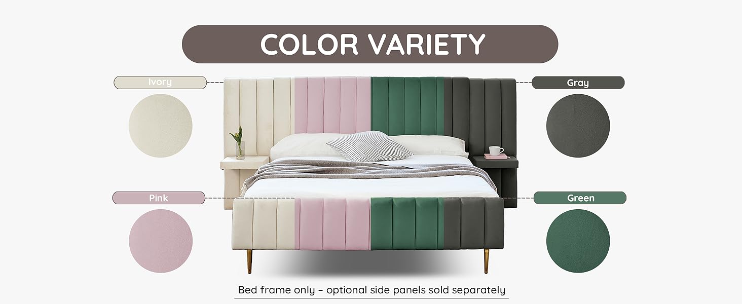 Bed Frame Velvet Fabric Upholstered Footboard strong wood slats