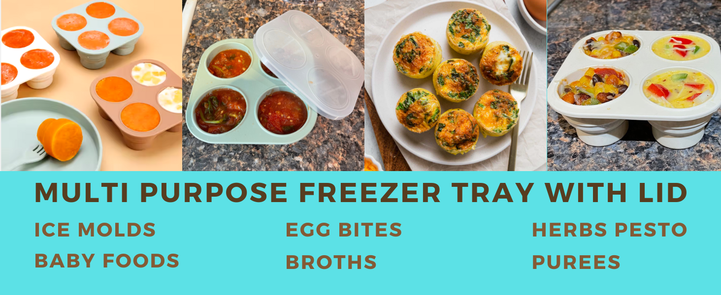 Multi-purpose silicone freezer tray with lid for ice molds, baby food, egg bites, broths, purees