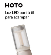 Luz LED portátil para acampar con forma cilíndrica y tapa transparente. Cuerpo blanco con fuente de luz interna visible. Nombre del producto «HOTO» visible.