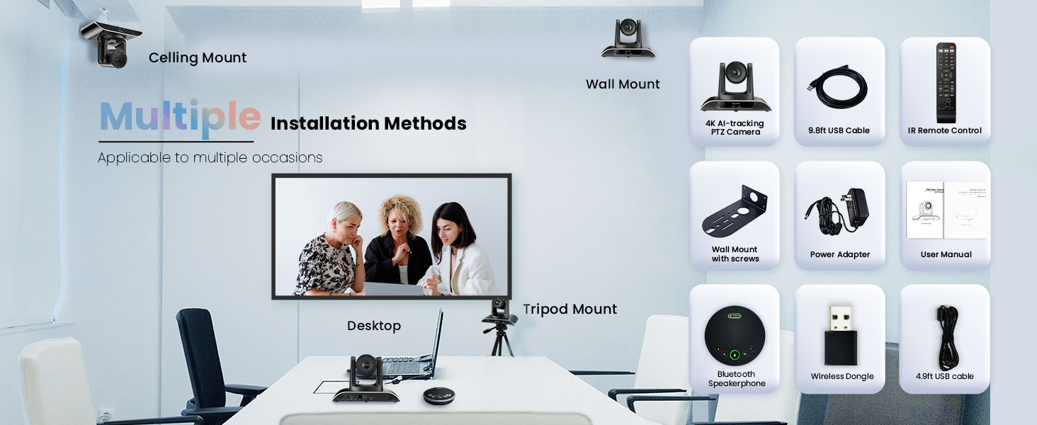 TONGVEO 4K PTZ Conference Camera with 5X Digital Zoom and Wireless Speakerphone