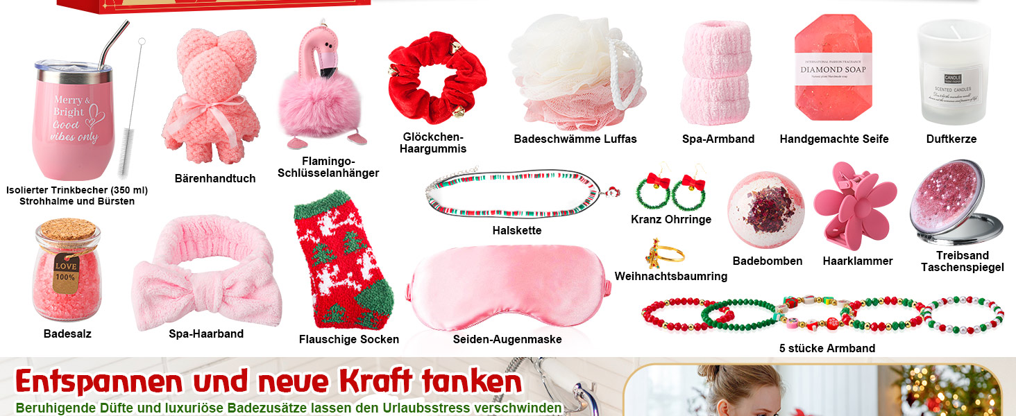 Il testo recita «Entspannen und neue Kraft tanken». Raccolta di icone o francobolli circolari rossi con varie illustrazioni e testi relativi al benessere in tedesco.