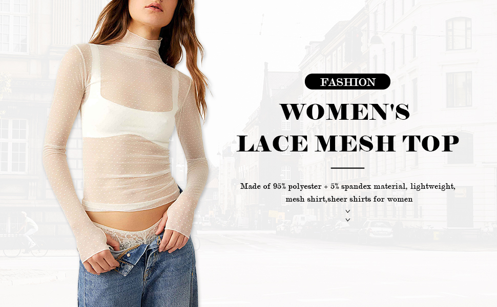 Women's Lace Mesh Tops Long Sleeve Dots Sheer Blouse Sexy