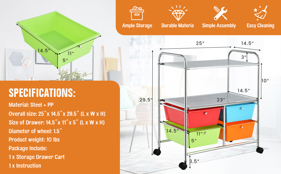 COSTWAY Rolling Storage Cart w/ 4 Drawers 2 Shelves, Home