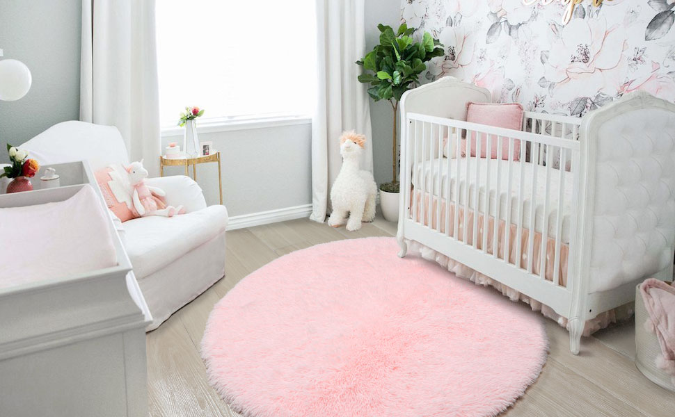 Pink Round Rug for Girls Bedroom,Fluffy Circle Rug 4'X4' for Kids Room,Furry Carpet for Teen Girls Room,Shaggy Circular Rug for Nursery Room,Fuzzy Plush Rug for Dorm,Cute Room Decor for Baby 9 nursery rug