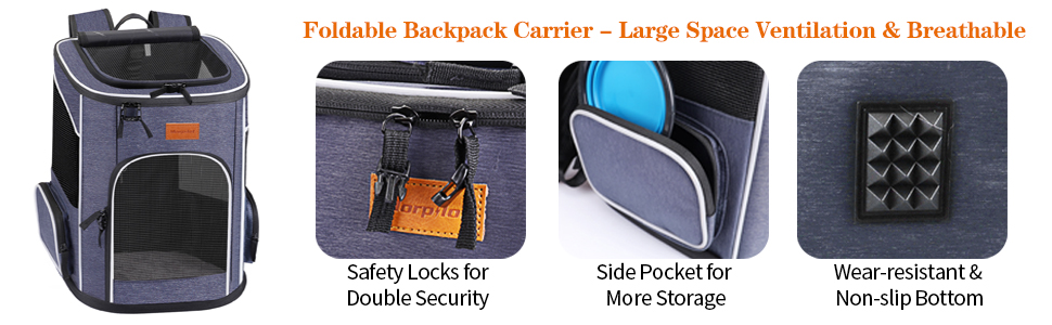 Pet carrier backpack with four panels showing features: main compartment, safety locks, side pocket, and wear-resistant back panel. Gray fabric with orange accents and mesh ventilation.
