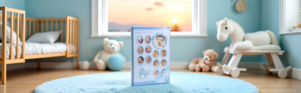 A cozy nursery setting with a soft blue blanket draped over a rocking chair, creating a serene backd