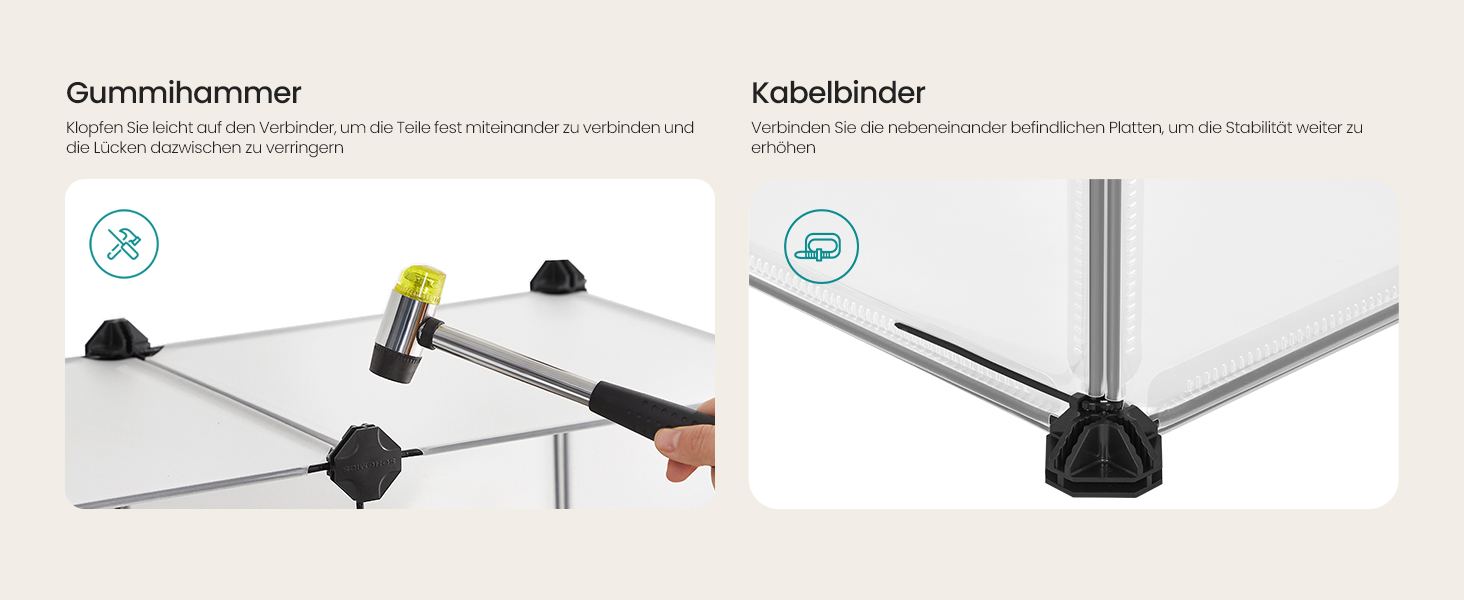 Zwei Paneele mit verstellbaren Tischbeinen. Das linke Bild zeigt einen Gummihammer, der auf ein Bein klopft, das rechte Bild zeigt eine Nahaufnahme der Beinbasis mit Nivellierfunktion
