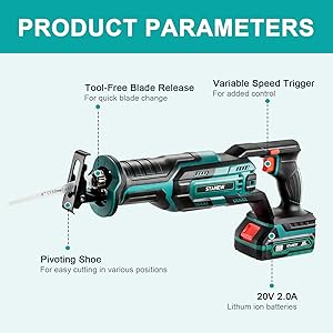 Scie Sabre Sans Fil, STANEW 18V Scie Sabre Avec 2,0Ah Batterie, Scie Electrique Vitesses Réglables 0-3000 SPM, Changement De Lame Sans Outil 13 Changement de lame sans outil