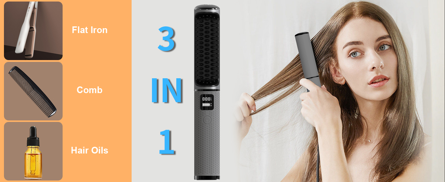 OBEST Cordless Hair Straightener Brush, Mini Portable Travel Wireless Straightener Negative Ion
