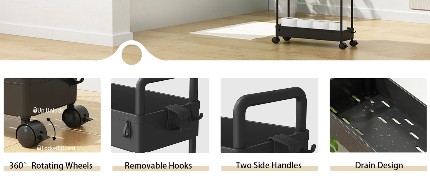 SOLEJAZZ Slim Storage Cart, 3 Tier Mobile Shelving Unit