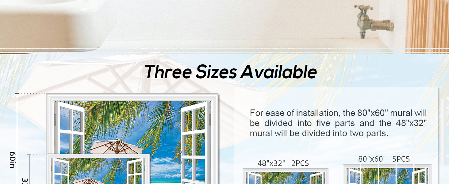 FLFK Fake Window Wall Decal Ocean Beach Faux Window Wall