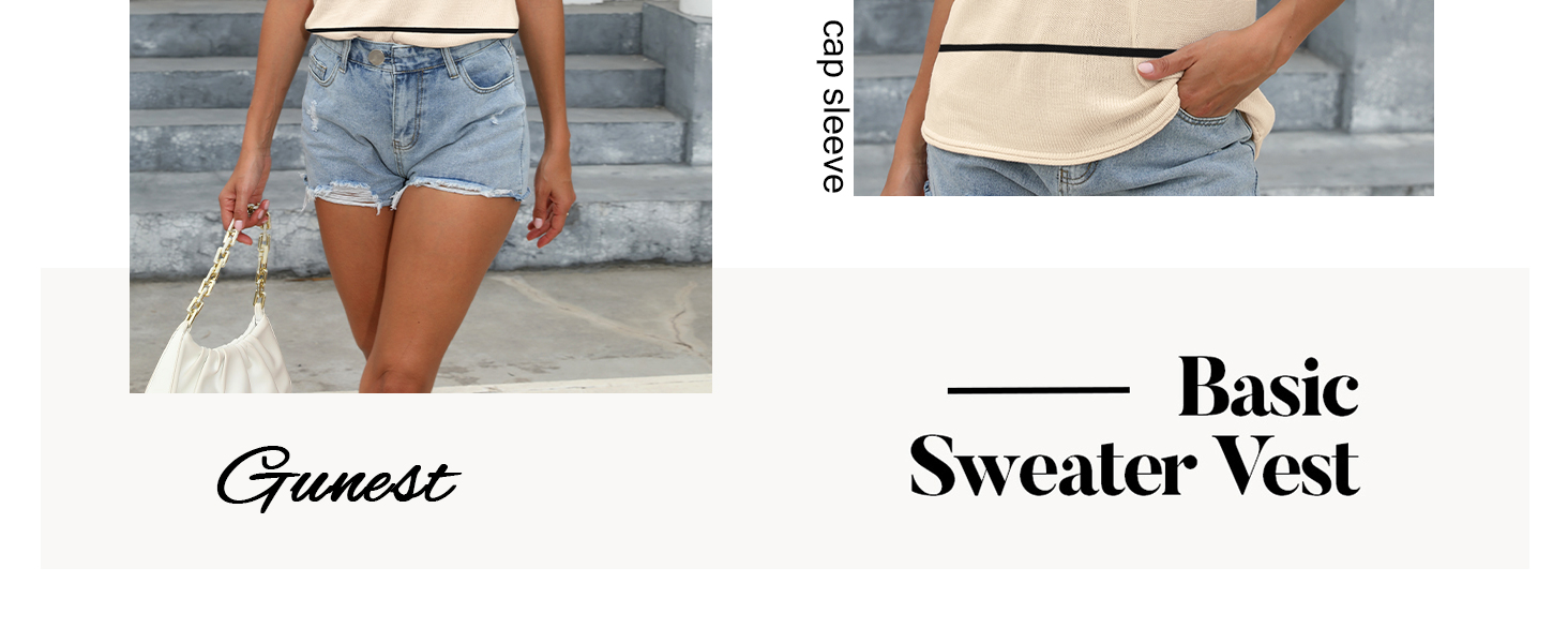  Womens Summer Sweater Vest Cap Sleeve Crew Neck Casual Loose Fit Knit Lightweight