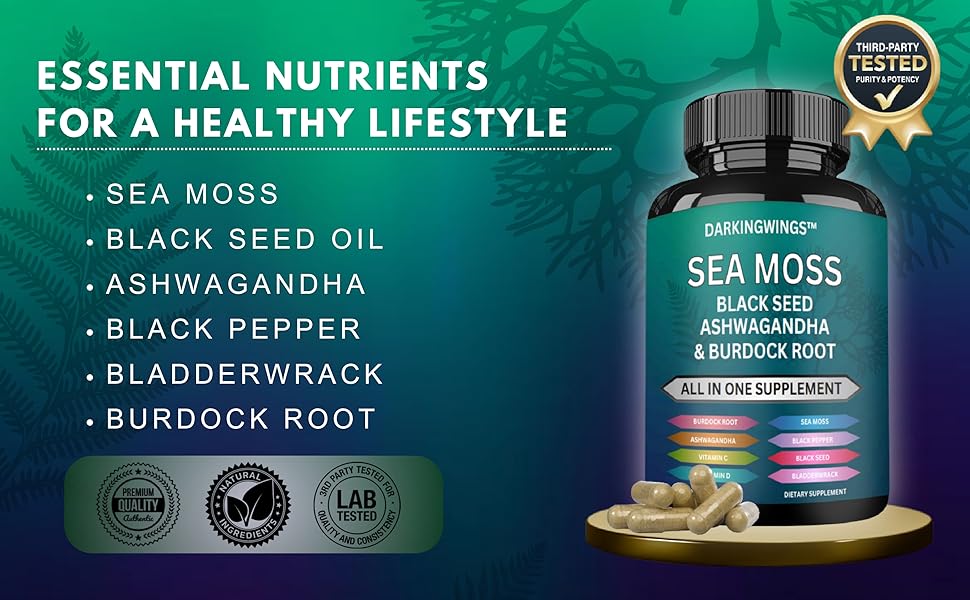 black currant seed oil, silica supplements, seamoss pills, black seed oil gummies