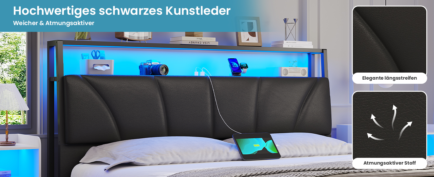 Kopfteil aus schwarzem Kunstleder mit geschwungenem Design und genähten Details. Abgebildet auf einem Bett mit weißer Bettwäsche, beleuchtet durch blaue LED-Beleuchtung von einem
