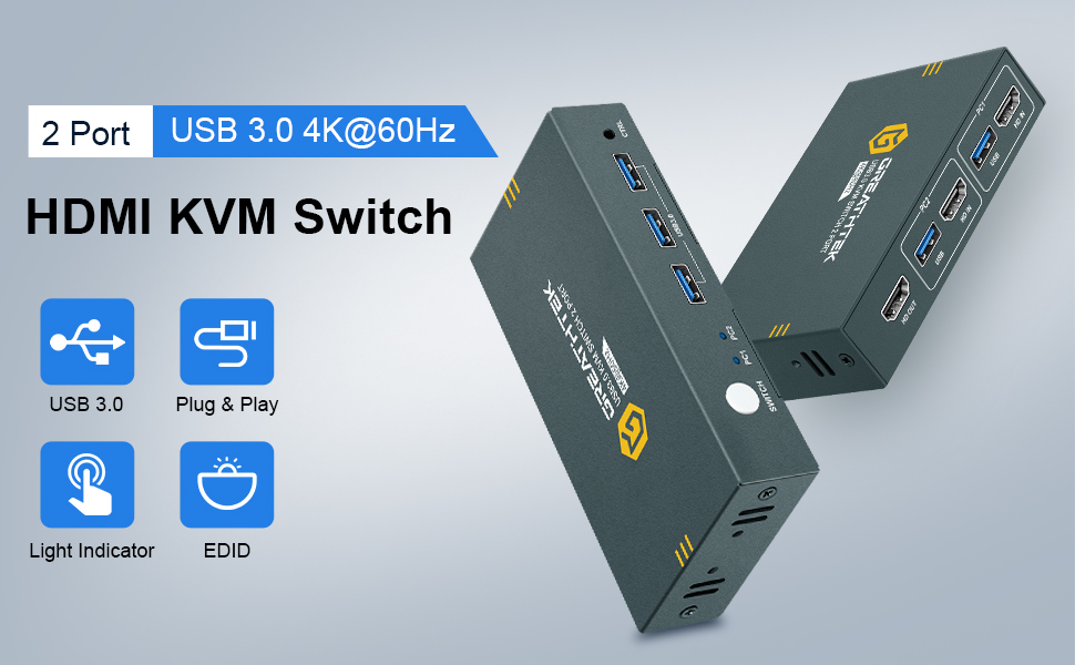 GREATHTEK USB 3.0 KVM Switch HDMI 4K@60Hz, 2 Port KVM HDMI with USB 3.0 ...