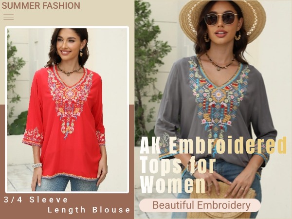 AK Women's Embroidered Tops 3/4 Sleeve Traditional Mexican