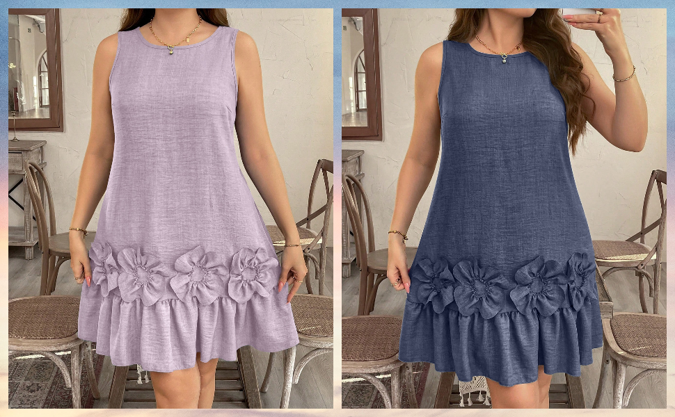 Floerns Women's Plus Size 3D Floral Round Neck Short Dress Ruffle Hem Sleeveless Tank Short Dress 