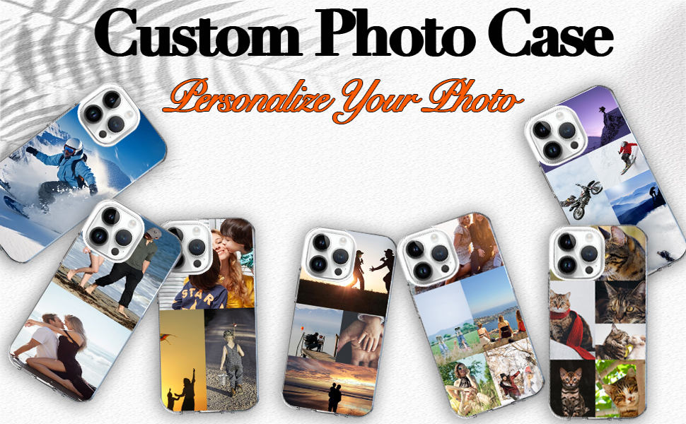 Advertisement for custom phone cases showing multiple iPhone cases with various photo prints. Text reads 'Custom Photo Case' with decorative typography.