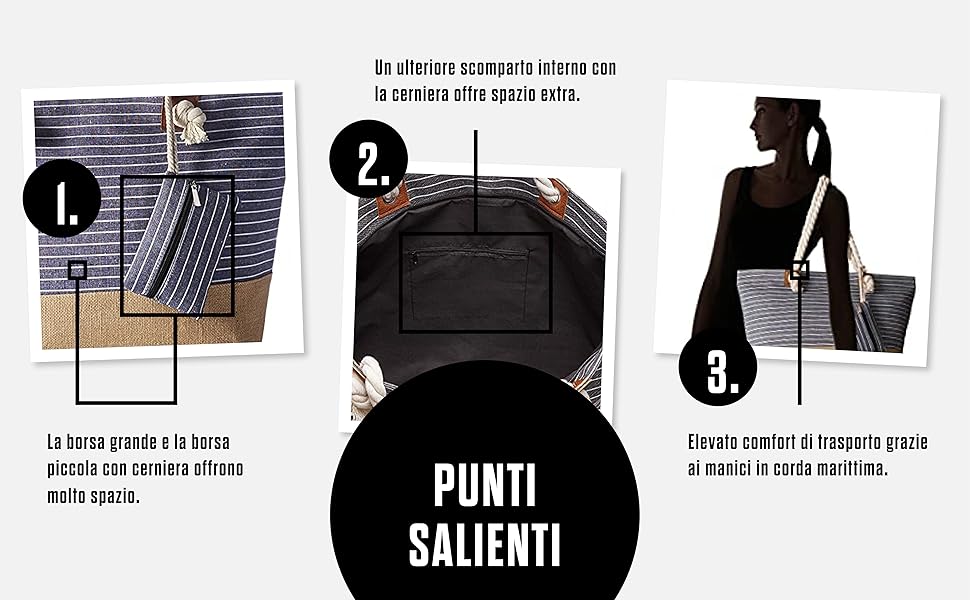 Beachbag extra borsa tasca interna zip corda corda XXL Beachbag estate spiaggia telefono cellulare