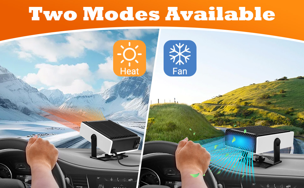 avec deux modes : chauffage et ventilateur. L'image fractionnée montre l'appareil projetant une lumière chaude et de l'air frais dans différents paysages