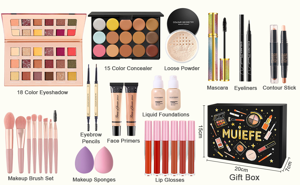 Kit de maquillaje completo que incluye paletas de sombras de ojos, pinceles, esponjas de belleza, lápices labiales y varias herramientas cosméticas en una caja de regalo.