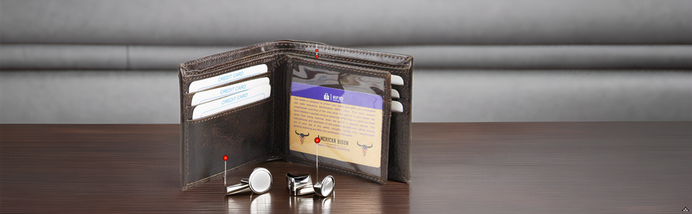 American Bison RFID Safe Cowhide Tooled Leather Bifold Men's Wallet with Center ID Flap