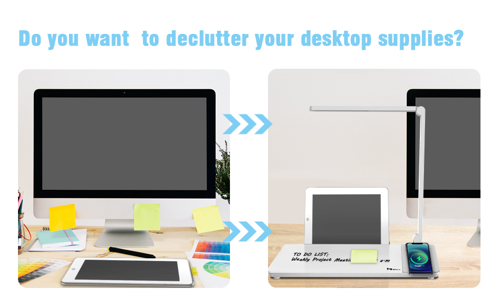 Glass Desktop Whiteboard with Lamp and Wireless Charging