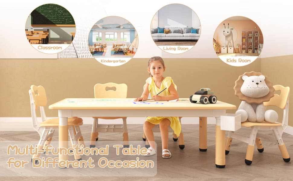 El texto dice «Tabla multifuncional». Escena interior que muestra mesas y sillas de madera en un entorno moderno y luminoso con suelos de color beige.