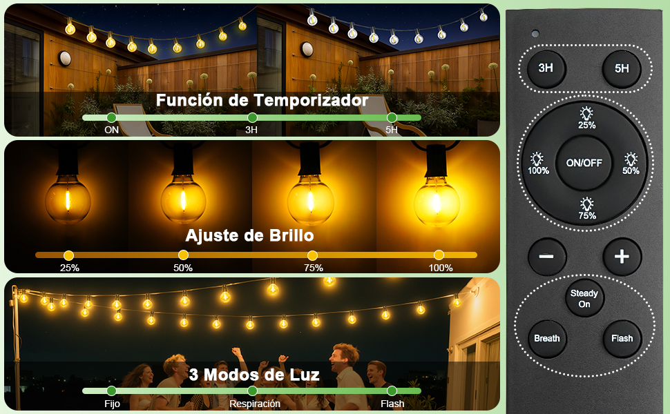 El texto dice «Función de temporizador», «Ajuste de brillo», «3 modos de luz». Interfaz de control remoto que muestra la configuración de las luces en cadena con una demostración del ajuste del brillo.