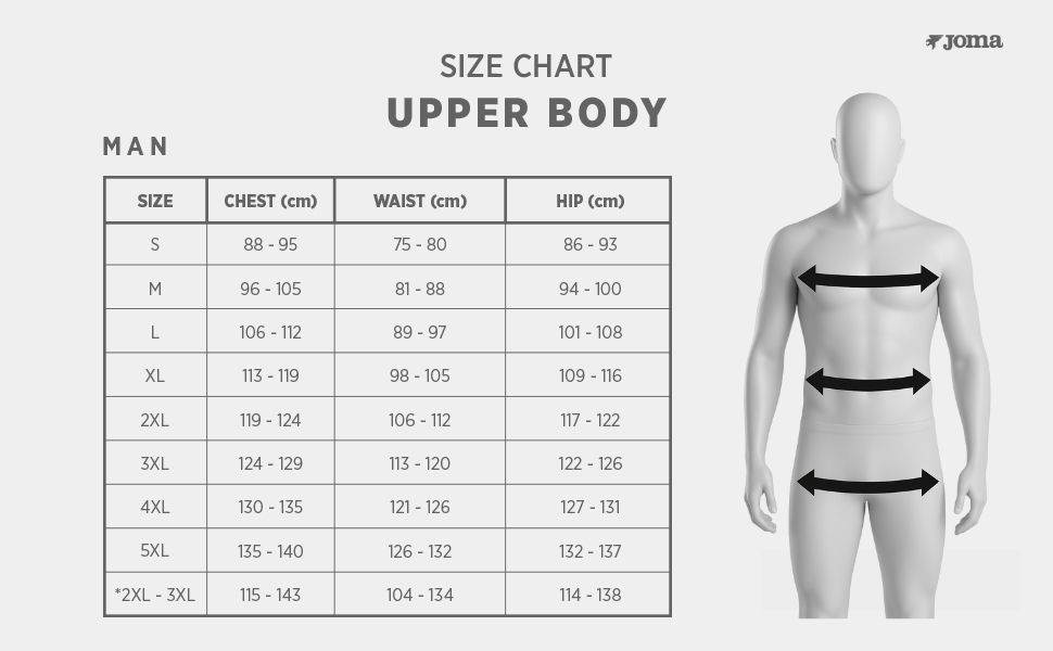 Text reads 'SIZE CHART' and 'UPPER BODY'. Size chart showing measurements with figure diagram illustrating chest measurement points.