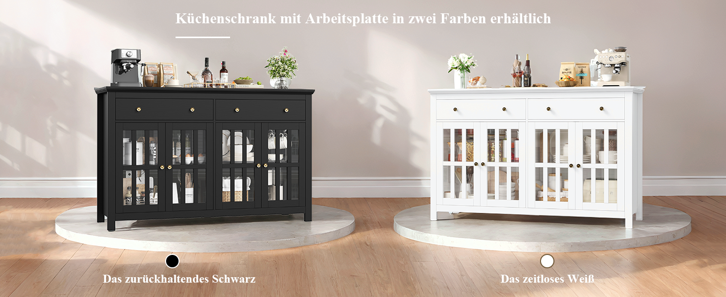 Zwei Küchenschränke mit Glastüren in schwarz-weißer Ausführung, mit mehreren Schubladen und Stauraum für die Vitrine