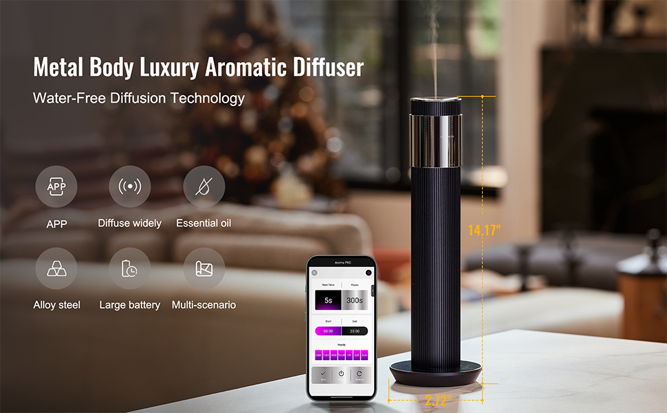 This luxurious all-metal aroma diffuser features waterless diffusion technology.