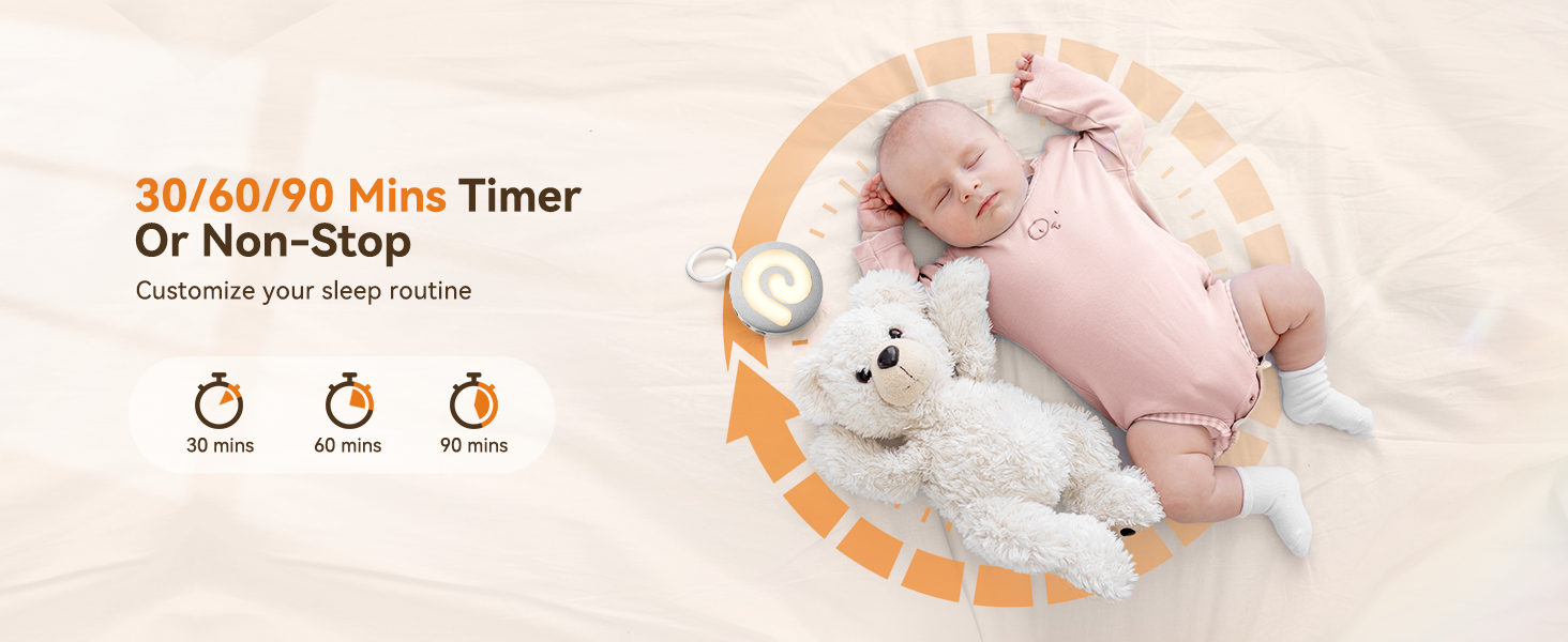 Baby sleep timer with 30/60/90 minute options or non-stop mode. Image shows sleeping baby with stuffed toy and circular timer graphic.