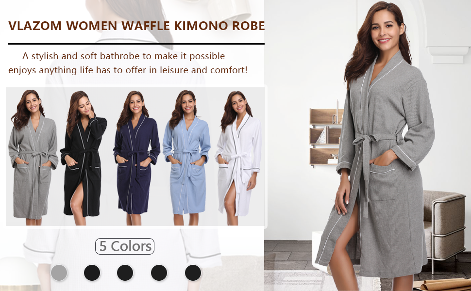 Vlazom Waffle Dressing Gowns Unisex Kimono Robe Cotton Lightweight