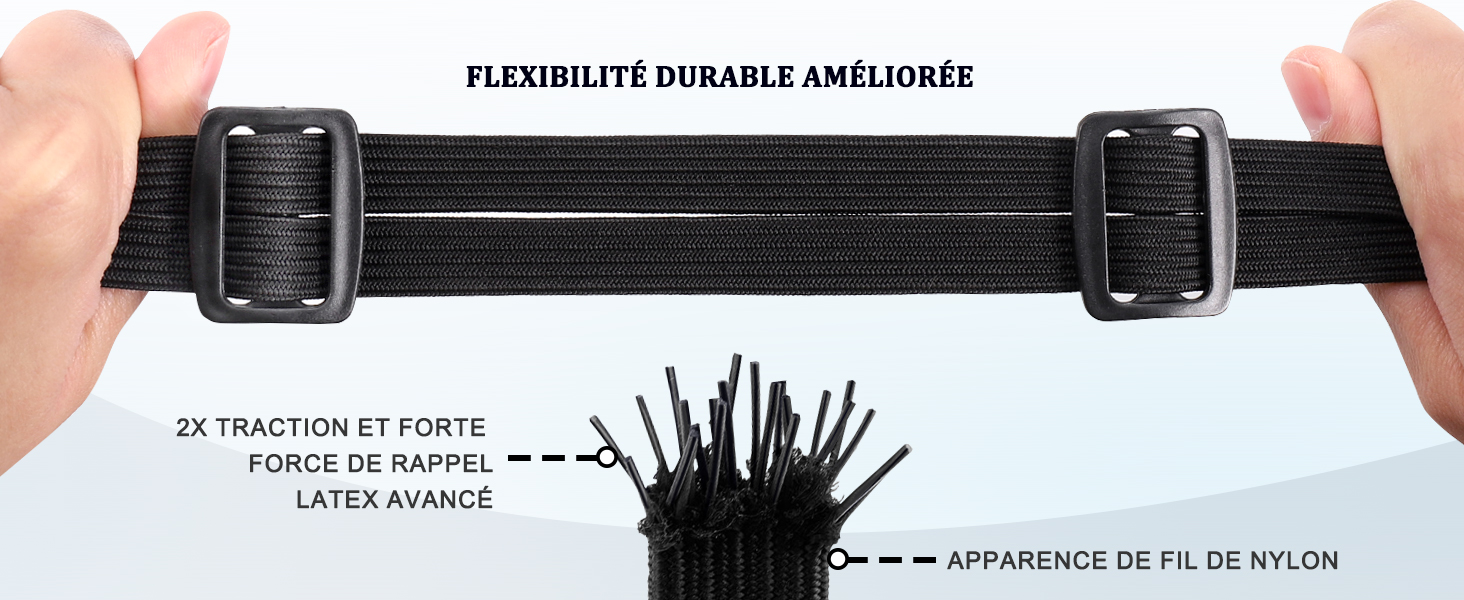 Le texte se lit comme suit : « FLEXIBILITÉ DURABLE AMÉLIORÉE ». Bande élastique noire avec construction détaillée représentant « APPARENCE DE FIL DE NYLON » et « JE TRACTION ET FORTE ».