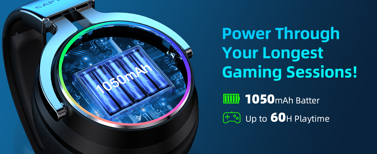Gaming headset detail showing illuminated RGB lighting and battery specifications, featuring 1050mAh battery with up to 60 hours of playtime capacity.