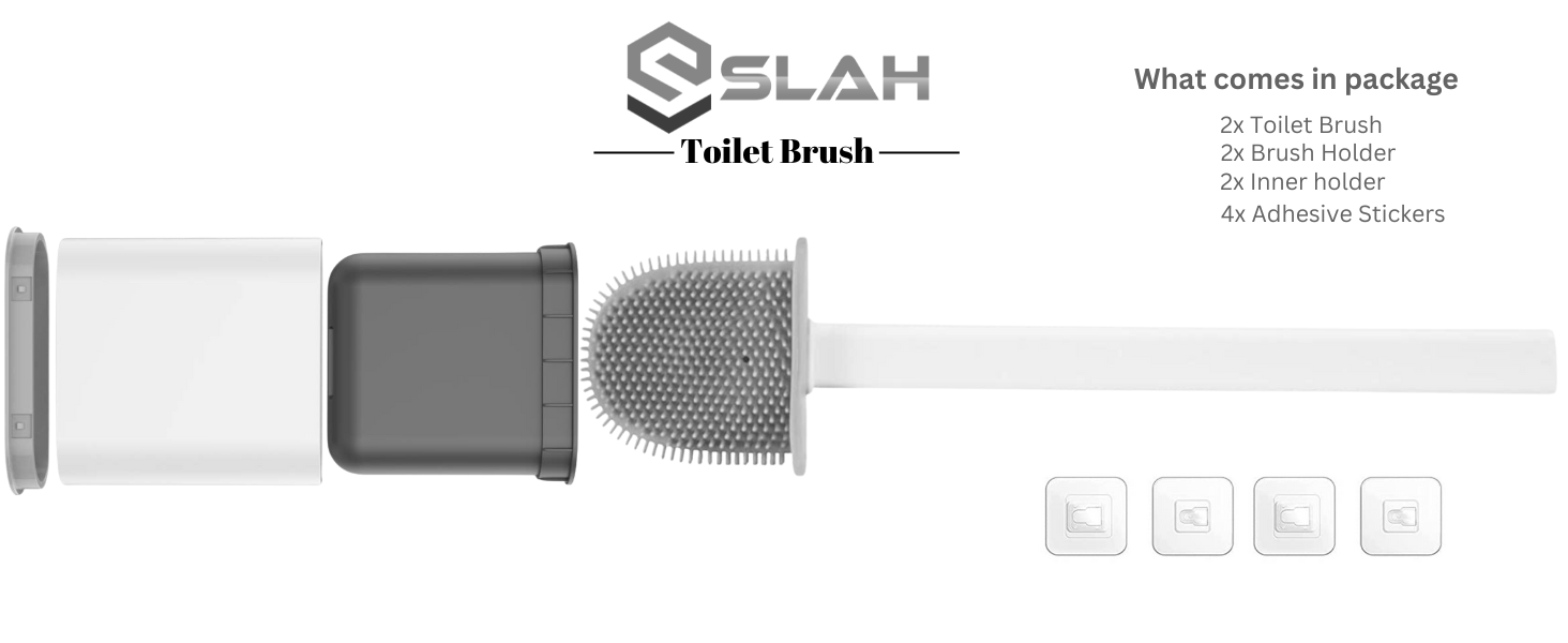 SLAH Toilet Brush Set Pack of 2 Bathroom Silicone Toilet Brushes and Holders with Long NonSlip