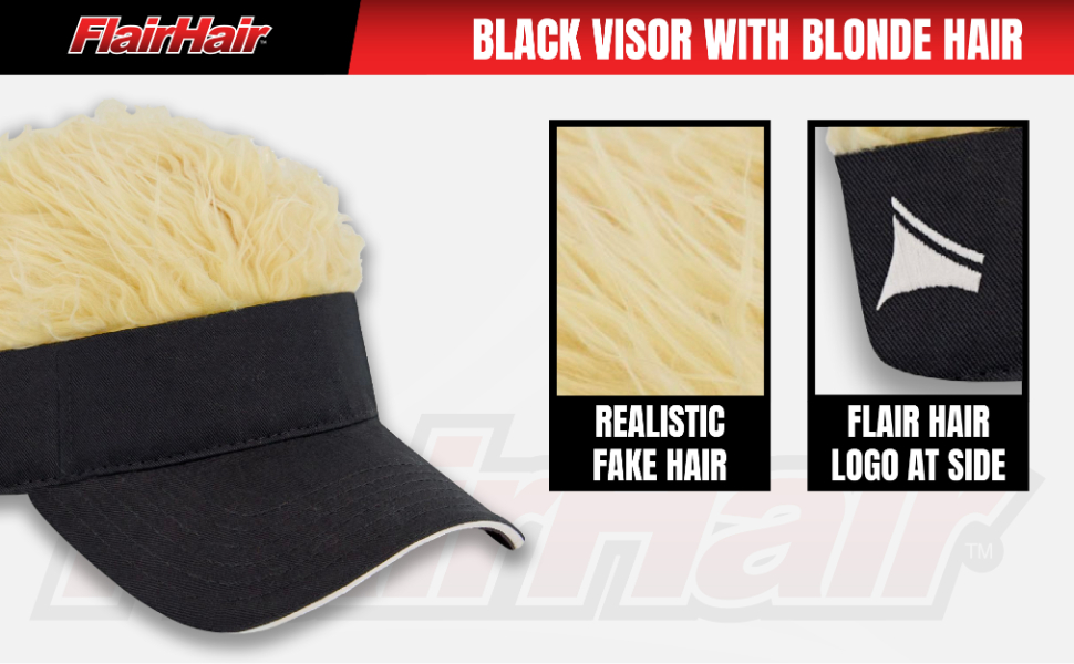 Flair Hair Sun Visor Cap with Fake Hair, Blonde Hair with Black
