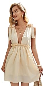 Romwe Women's Sleeveless Tie Shoulder Deep V Backless Flared Party Mini Skater Dress