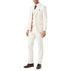 Mens Cream 3 Piece Suit Gold Pinstripe Smart Formal Tailored Fit Wedding Party