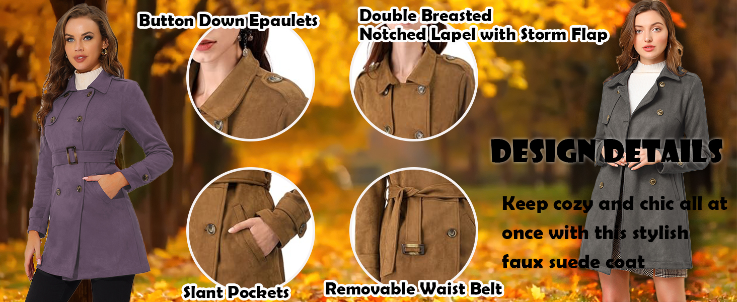 Purple faux suede coat with design details: button-down front, double-breasted notched lapel, slant pockets, and removable waist belt. Features storm flap and cozy fabric.