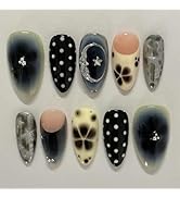 SINHOT Almond Press on Nails - Medium Fake Nails, Glossy Finish, Goth Black Dot & Cute Pattern, D...