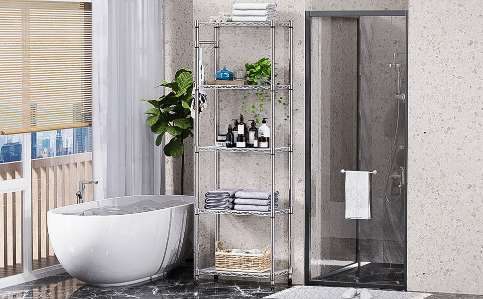 BATHWA 5 Tier Metal Wire Shelving Unit on Wheels,Chrome Shelves for