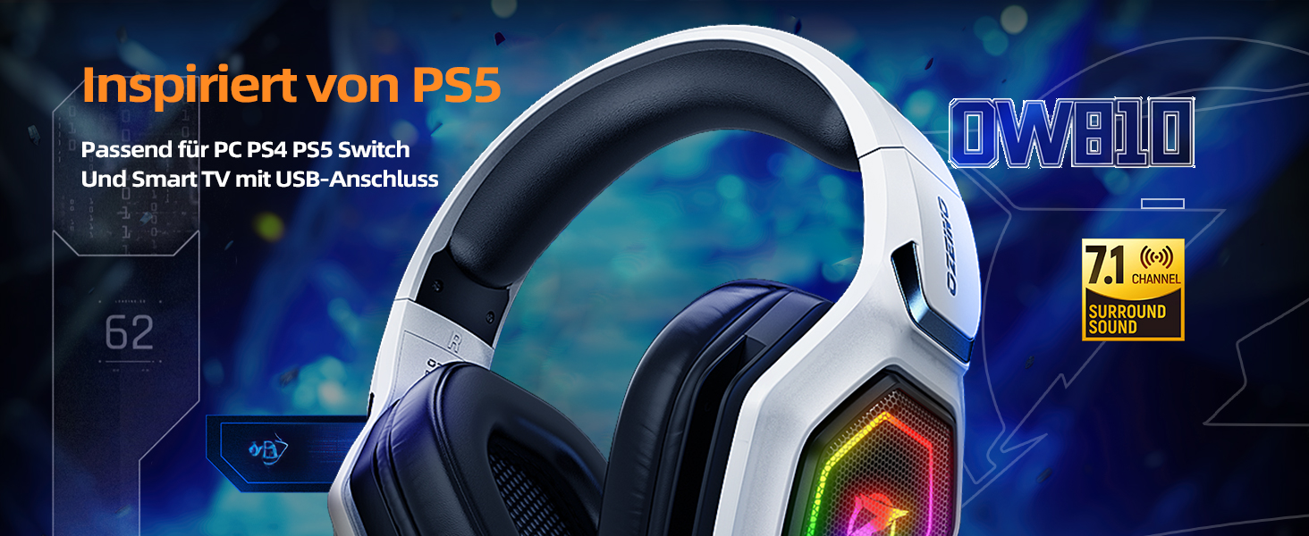 Ozeino OW810 Gaming Headset, TypeC & USB Interface 2.4GHz Wireless Headset with, Bluetooth
