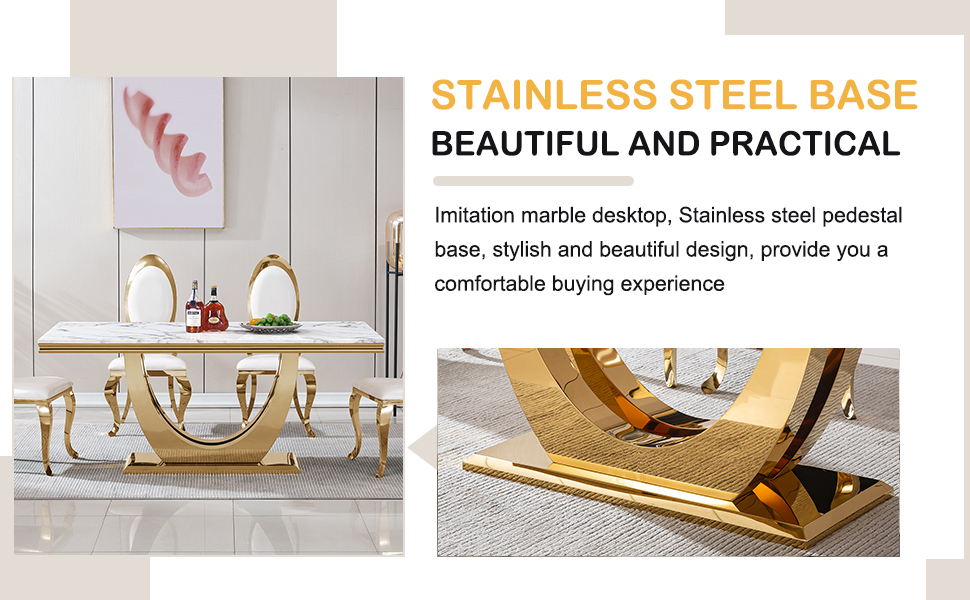 Marble Dining Table Set for 6, Luxury Gold Kitchen Table