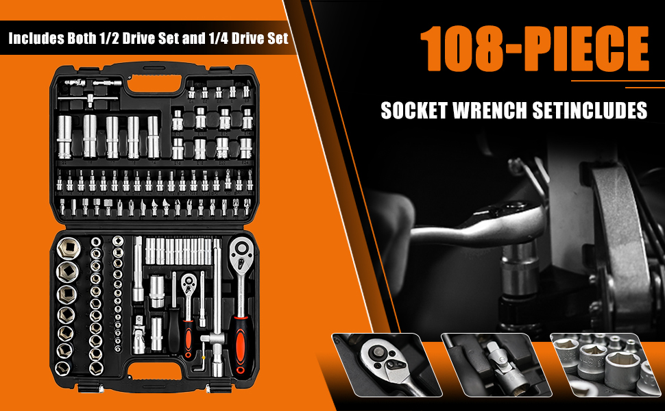 108-Piece Mechanics Tool Set,socket sets，standard and metric socket set