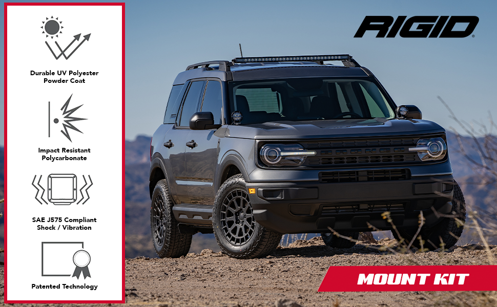 Black bronco next to icons explaining durability and patented technology